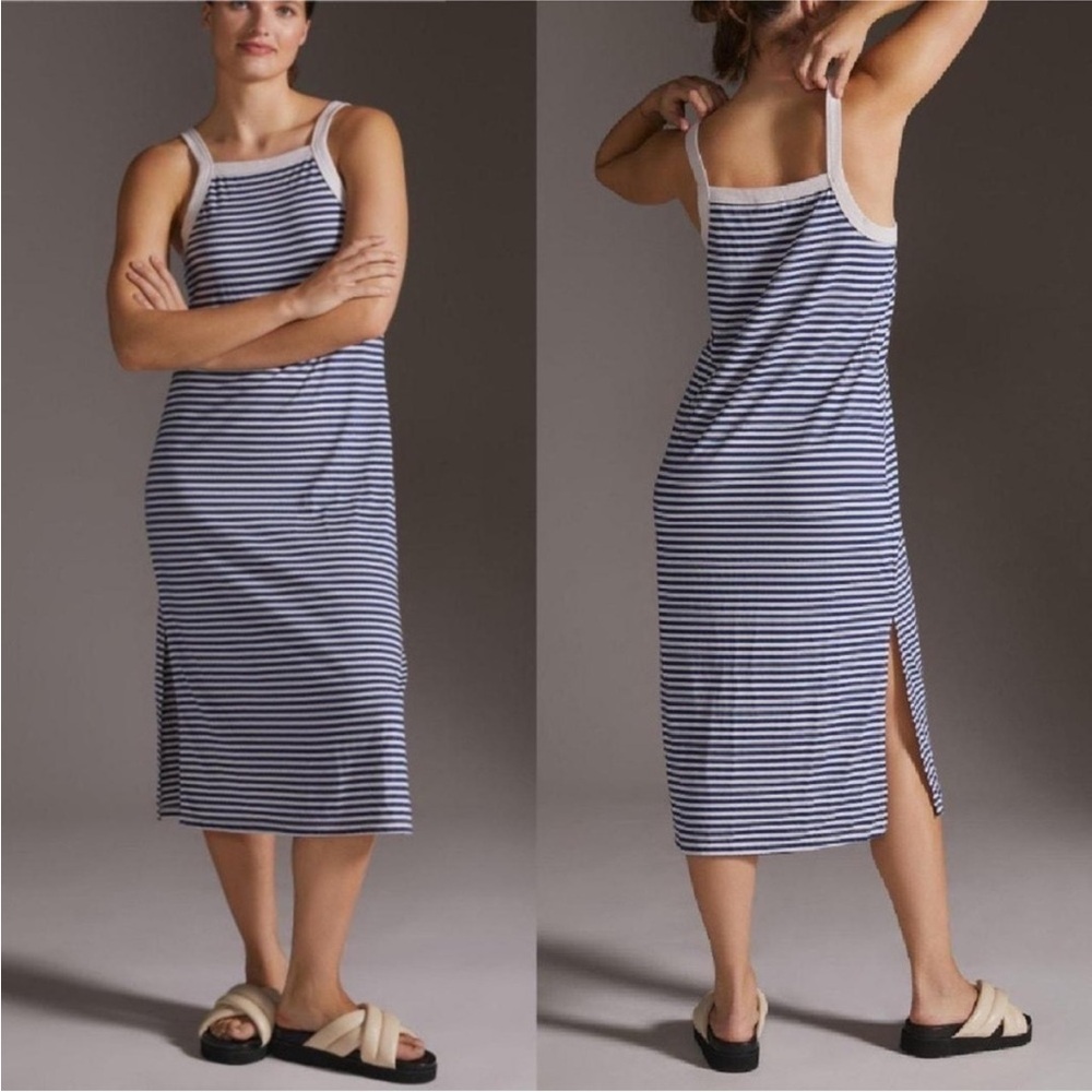 Anthropologie Navy and White Striped Midi Dress